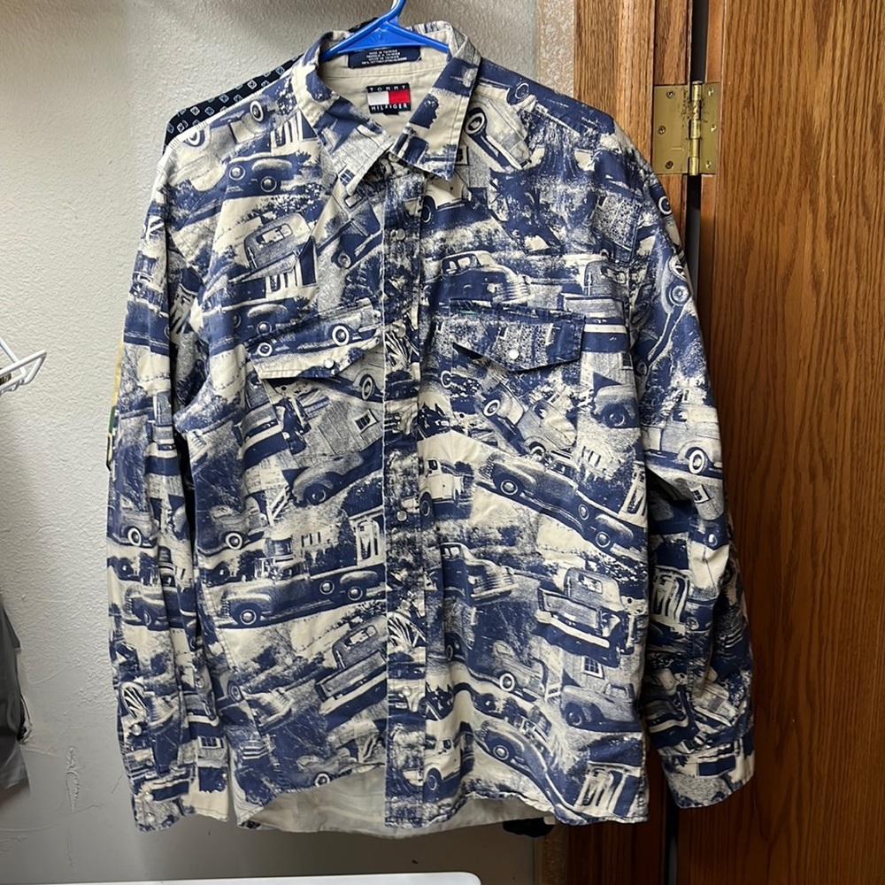Vintage Tommy Hilfiger Navy Blue Classic Car Truck Pearl Snap Mens Shirt
